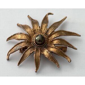 Vintage Gold-Tone Starburst Brooch Pin Textured Petals Black Bead Center 441